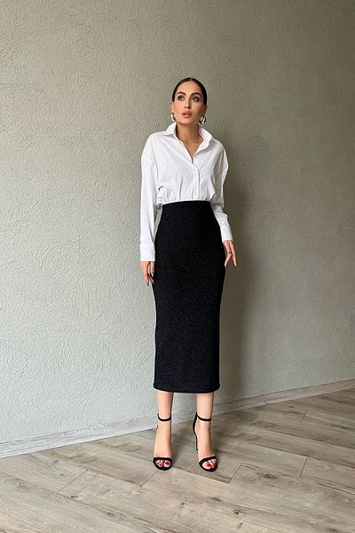 Seda Yalçın Atelier Black Glitter Pencil Skirt with Elastic Waist