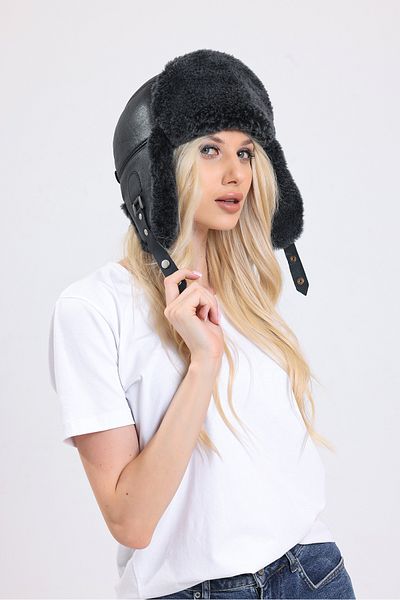 fubileather Genuine Leather Unisex Gray Fur Buckle Pilot Leather Hat