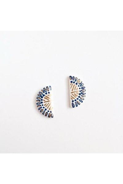 TREND Blue Gold Patterned Scandinavian Style White Alaçatı Earrings