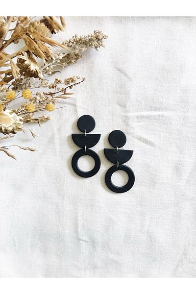 TREND Black Triple Hoop Pattern Classic Polymer Earrings