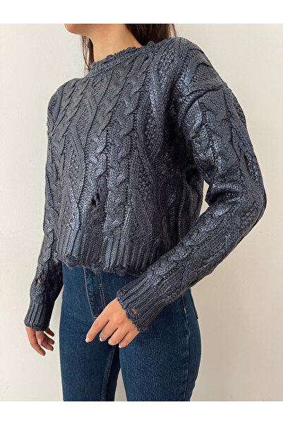 Laluvia Indigo Foil Printed Ripped Detailed Sweater