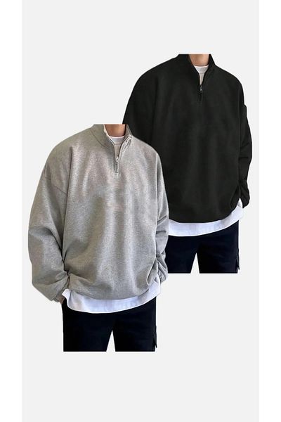 Keywest Unisex Unprinted Oversize Φούτερ με κουκούλα 2 τεμαχίων με μισό φερμουάρ