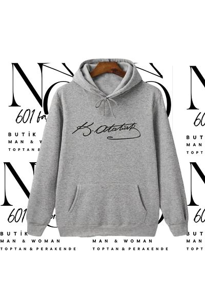 NO 601 Γκρι φούτερ με κουκούλα με στάμπα Unisex με υπογραφή Ataturk