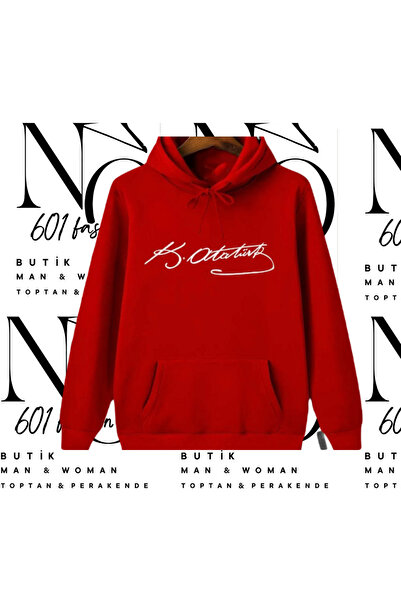 NO 601 Kırmızı Atatürk Imzalı Unisex Baskılı Kapşonlu Swetshirt