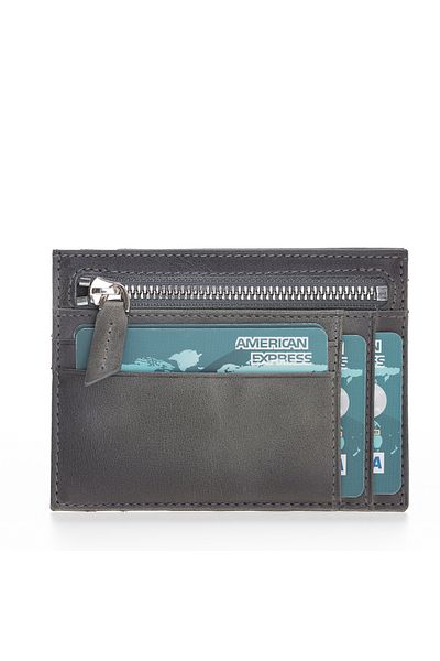 PLM Leather Card Holder, Coin Compartment, 6 Card Compartments, Gray with Effects