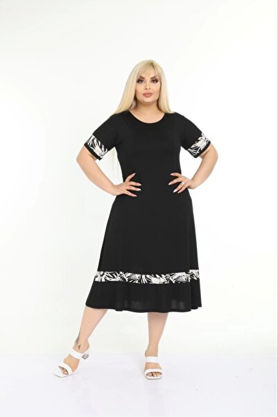 ModaSehle Women's Black Sleeve and Hem Print Large Size Dress