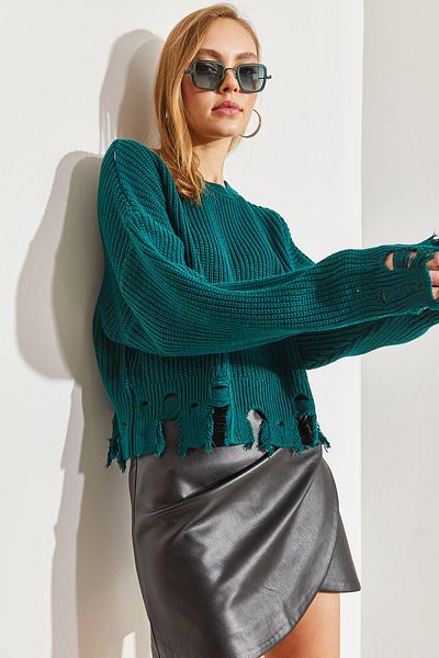 Bianco Lucci Women's Ripped Detailed Hair Braided Knitwear Sweater