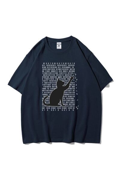 Adrift Unisex tamnoplava majica 01 mačka Štampano Oversize kroj okrugla kragna