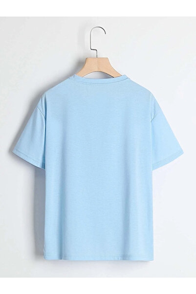 Adrift Унисекс Бебешко синя роботизирана тениска с щампа с плюшено мече с голямо деколте