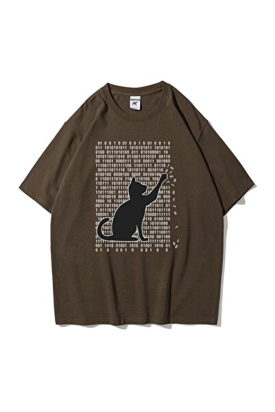 Tarzsokak Μπλουζάκι Unisex Καφέ 01 Cat Printed Oversize Crew Neck