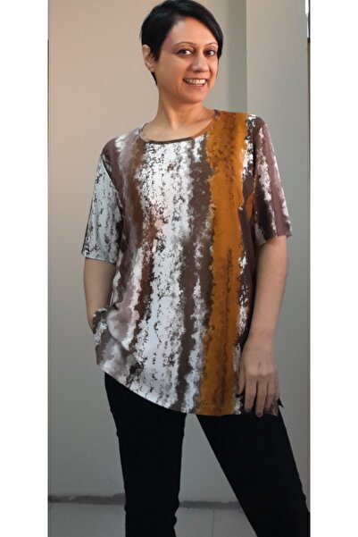 Mertcan Butik Coffee mustard rose dry white print round neck combed cotton Viscose T-shirt