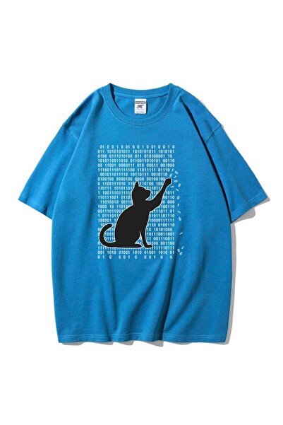 Adrift Унисекс синя тениска с щампа на котка с кръгло деколте