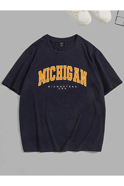Tarzsokak Tricou de damă negru cu imprimeu Michigan oversize cu guler rotund