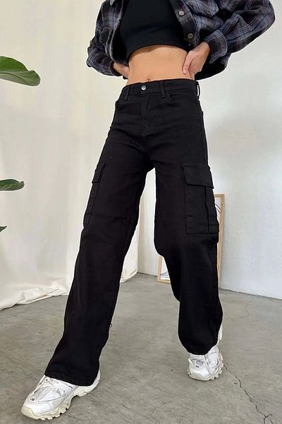 Trn JNS Lucia Γυναικείο Fadeless Lycra Μαύρο Super High Waist Πίσω Μοντέλο Cargo Jeans χωρίς τσέπη