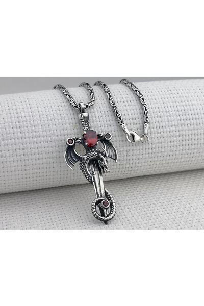Takıhan Ejderha Şovalye Kılıcı Tasarımlı Kral Zincirli 925 Ayar Gümüş Kolye