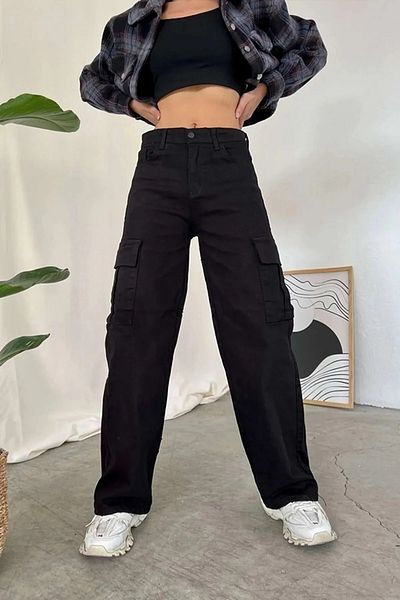 Trn JNS Lucia Γυναικείο Fadeless Lycra Μαύρο Super High Waist Πίσω Μοντέλο Cargo Jeans χωρίς τσέπη