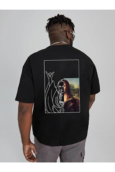 FANBOX SHOP Μαύρο ανδρικό μπλουζάκι με στάμπα Mona Lisa - Crew Neck