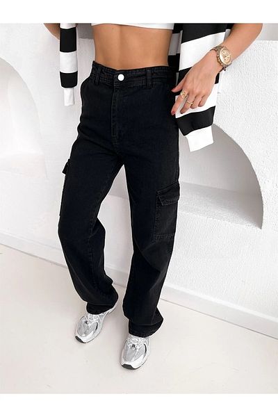 Trn JNS Paula Women's Fadeless Lycra Μαύρο Super High Waist Πίσω Μοντέλο Cargo Jeans χωρίς τσέπη