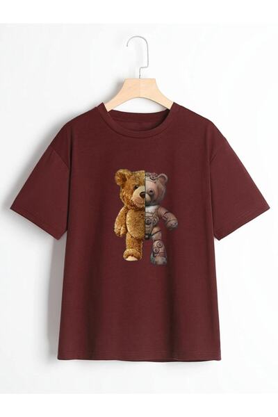 Tarzsokak Tricou unisex roșu Claret Robotic Teddy Bear Printed Oversize Crew ...