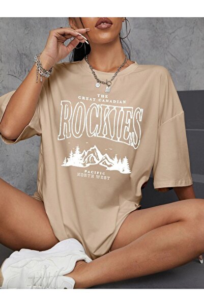 Adrift Γυναικείο μπλουζάκι σε μπεζ Rockıes με στάμπα με λαιμόκοψη