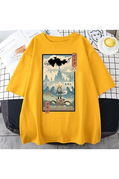 Adrift Tricou galben pentru bărbați Anime Warrior cu imprimeu oversize cu gul...