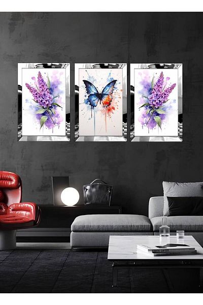 avm19 Set de 3 picturi cu fluturi violet în cadru din plexiglas