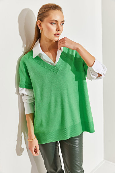 Bianco Lucci Women's V-Neck Short Sleeve Knitwear Sweater