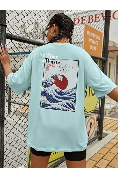 Tarzsokak Γυναικείο μπλουζάκι Mint Blue To Time To Waste με στάμπα Oversize C...