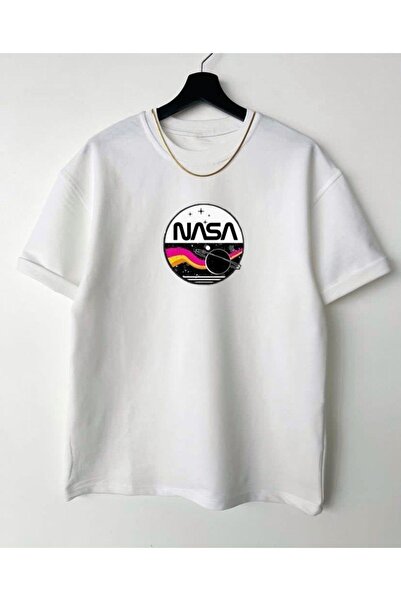 Tarzsokak Tricou alb NASA oversize cu decolteu triplu pentru femei