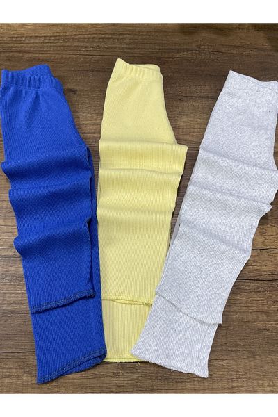 Berat moda Leggings flexibili cu nervuri bleumarin - galben - gri 3 piese pentru fete și băieți, cu un singur fund