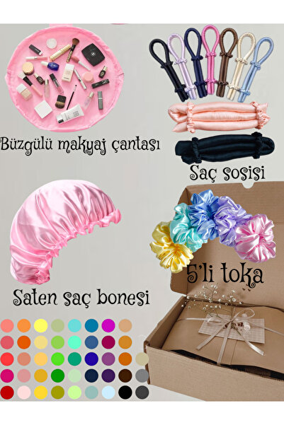 Simetra Saten güzellik aksesuar seti ve makyaj çantası -rengarenk-