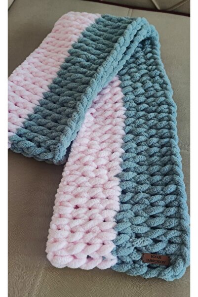 BODUR EMBROIDERY Scarf Puffy 100% Hand Knitted 200 * 22 Cm powder-pink + medi...