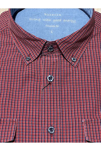 bussola Long Sleeve Custom Fit Petite Checked Casual Men's Double Pocket Cotton Shirt