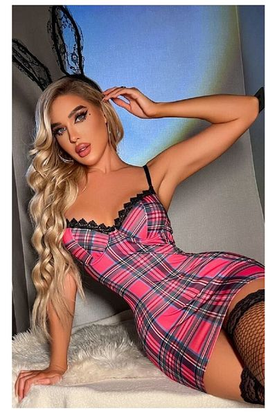 Qvien Secret Rochie în carouri fucsia Costplay pentru femei Costum fantezie sexy