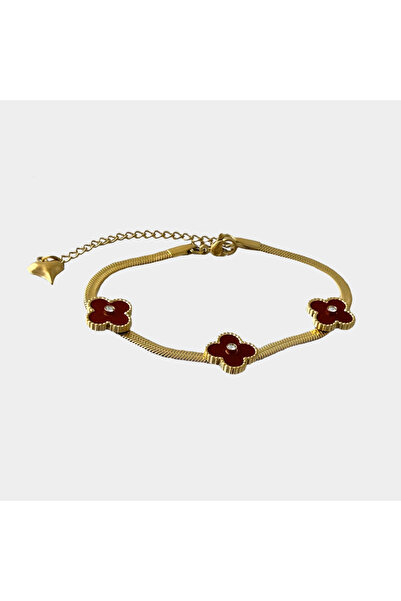 EleganceEssence İtalyan Yonca Bordo Taşlı Altın Çelik Bileklik