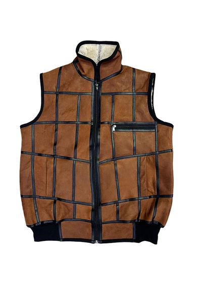 Lndr Patchwork Inside Fur-Outside Suede Genuine Leather Collared Vest with Piping and Knitwear Detail