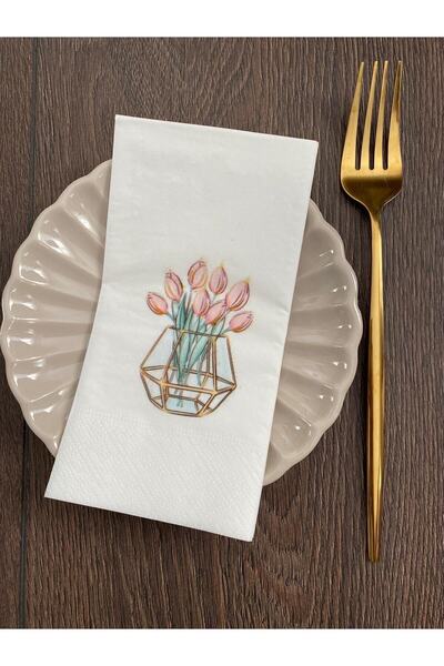 busrasdesign Pink Tulip Printed Napkin 16 Pieces