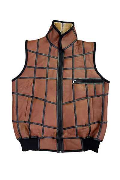 Lndr Patchwork Inside Fur-Outside Suede Genuine Leather Collared Vest with Piping and Knitwear Detail