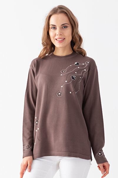 EtkiModa Bluză de damă din tricotaje brodate cu paiete bej-gri Stone