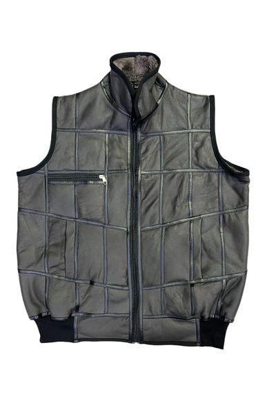 Lndr Patchwork Inside Fur-Outside Suede Genuine Leather Collared Vest with Piping and Knitwear Detail