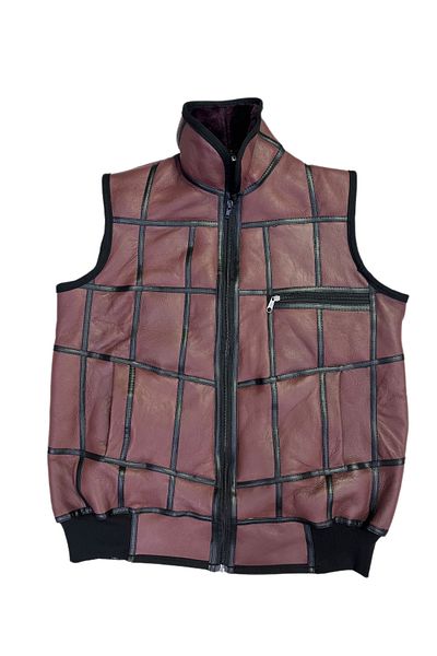 Lndr Patchwork Inside Fur-Outside Suede Genuine Leather Collared Vest with Piping and Knitwear Detail