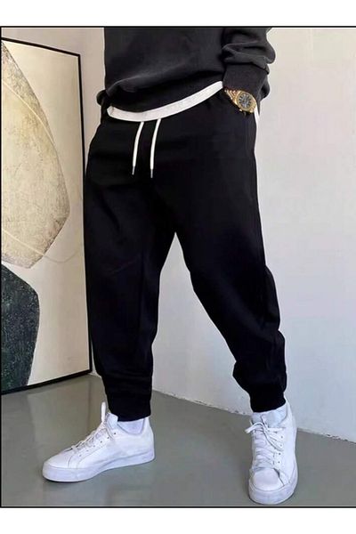 FİTGO Black Unisex Thick 3 Thread Sweatpants