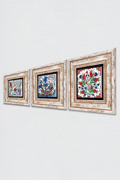 Pinecone Τοιχογραφία τοίχου με πλακάκια τέχνης τουλίπα, ιστιοπλοϊκό πλοίο Πέτρινη ζωγραφική σε κορνίζα Διακόσμηση τοίχου 3 τεμαχίων Σετ ζωγραφικής τοίχου