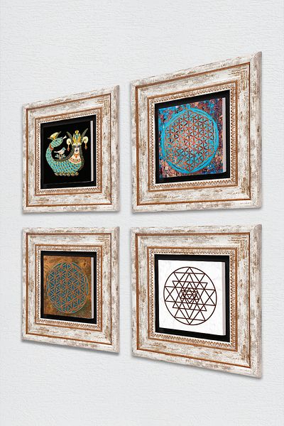 Pinecone Floarea vieții, Sri Yantra, Shahmeran Stone Wall Painting Decor de perete înrămat Set de 4 picturi Tk4-471