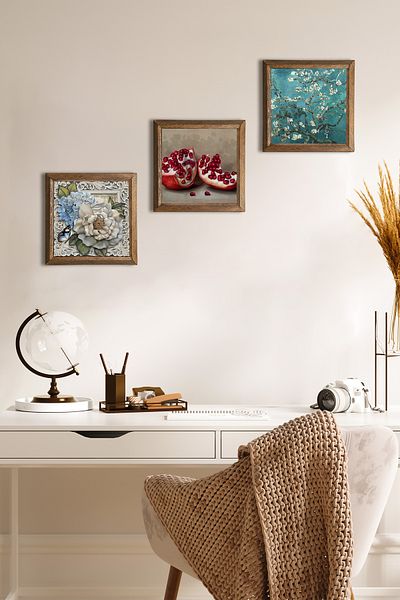 Pinecone Arborele de migdale Van Gogh, floare fluture, pictură pe perete din piatră de rodie Decor de perete cu rame din lemn