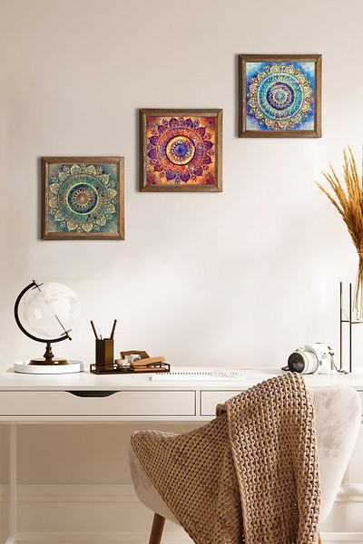 Pinecone Pictură pe perete cu piatră Mandala Decor de perete cu rame din lemn Set de pictură din 3 piese Artă de perete
