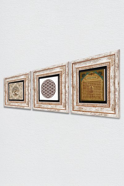 Pinecone Λουλούδι της Ζωής, Esma'ul Hüsna, Ζωγραφική σε Πέτρινο Τοίχο Δέντρο της Ζωής Διακόσμηση τοίχου με κορνίζα Σετ 3 τεχνών τοίχου