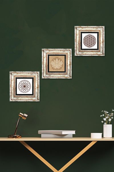 Pinecone Λουλούδι Lotus, Flower of Life Stone Wall Painting Πλαίσιο Διακόσμηση τοίχου 3 τεμαχίων Σετ ζωγραφικής Tk3-40