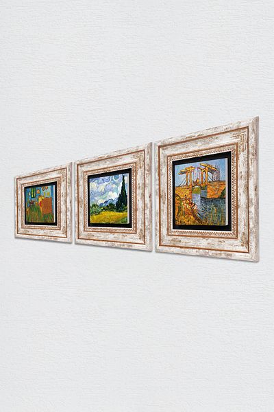 Pinecone Van Gogh Pictură pe perete cu piatră Decorație de perete înrămată Set de pictură din 3 piese Wall Art Tk3-552