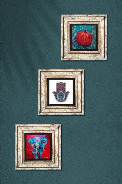 Pinecone Elephant, Fatma Mother Hand (Hamsa), Pomegranate Stone Wall Painting Framed Wall Decor 3 Piece Painting Set Wall Art